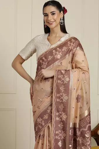 Beige ethnic motif woven design zari chanderi saree