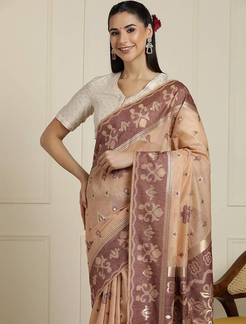 Beige ethnic motif woven design zari chanderi saree