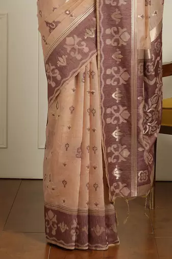 Beige ethnic motif woven design zari chanderi saree