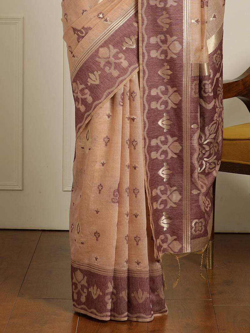 Beige ethnic motif woven design zari chanderi saree