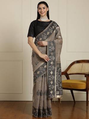 Grey ethnic motif woven design zari chanderi saree with unstitched blouse 1