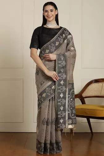 Grey ethnic motif woven design zari chanderi saree with unstitched blouse