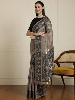 Grey ethnic motif woven design zari chanderi saree with unstitched blouse 2