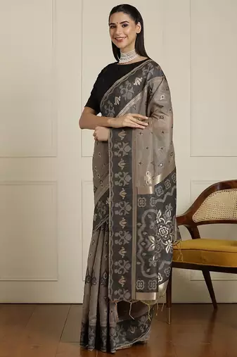 Grey ethnic motif woven design zari chanderi saree with unstitched blouse