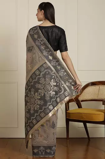 Grey ethnic motif woven design zari chanderi saree with unstitched blouse