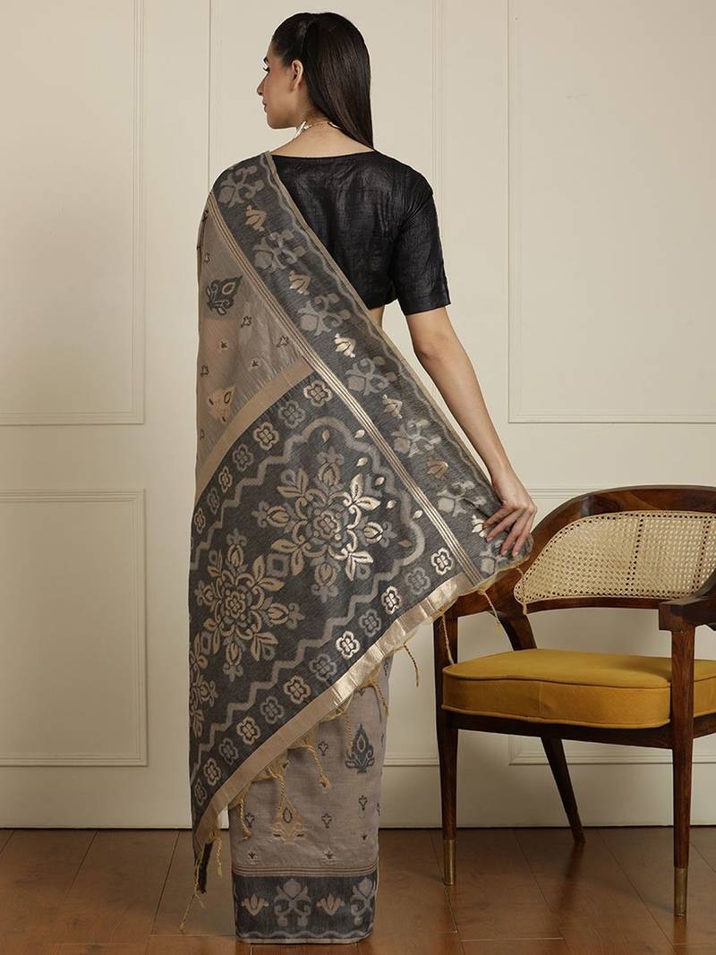 Grey ethnic motif woven design zari chanderi saree with unstitched blouse