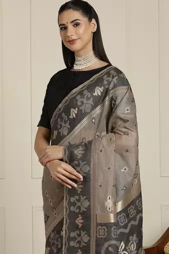 Grey ethnic motif woven design zari chanderi saree with unstitched blouse