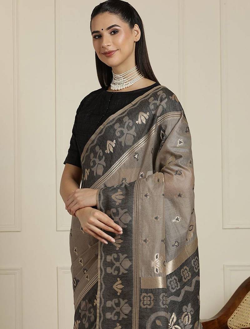 Grey ethnic motif woven design zari chanderi saree with unstitched blouse