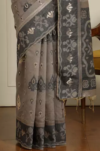 Grey ethnic motif woven design zari chanderi saree with unstitched blouse