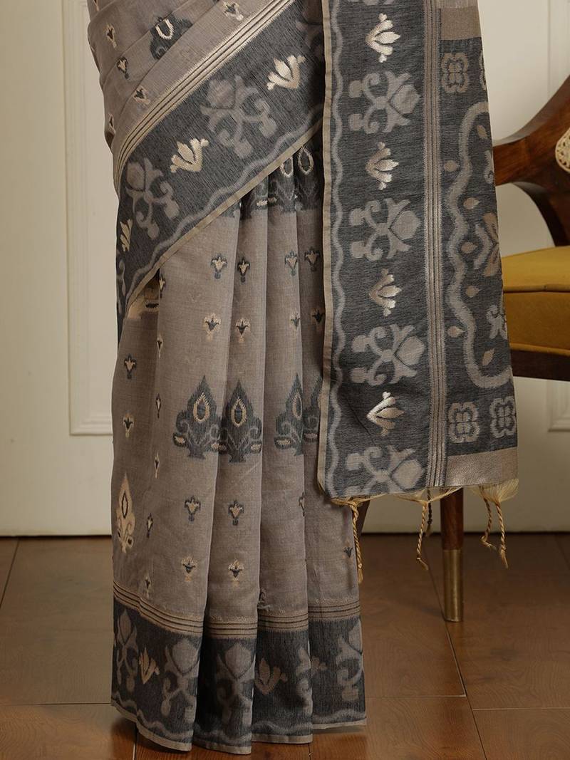 Grey ethnic motif woven design zari chanderi saree with unstitched blouse