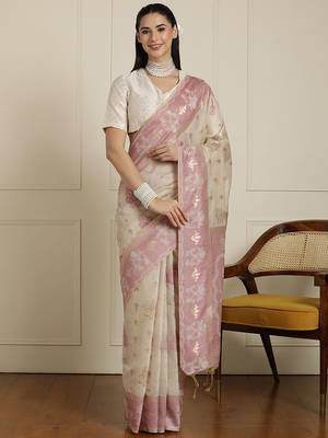 Cream woven design ethnic motif chanderi saree with blouse piece 1