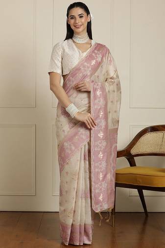 Cream woven design ethnic motif chanderi saree with blouse piece