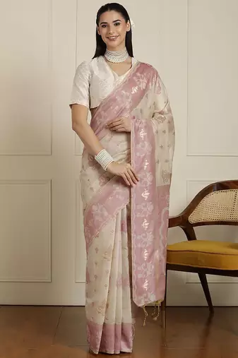 Cream woven design ethnic motif chanderi saree with blouse piece