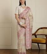 Cream woven design ethnic motif chanderi saree with blouse piece