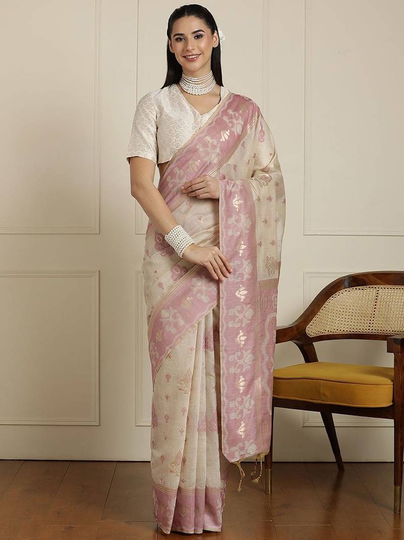 Cream woven design ethnic motif chanderi saree with blouse piece
