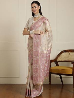 Cream woven design ethnic motif chanderi saree with blouse piece 2