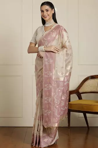 Cream woven design ethnic motif chanderi saree with blouse piece