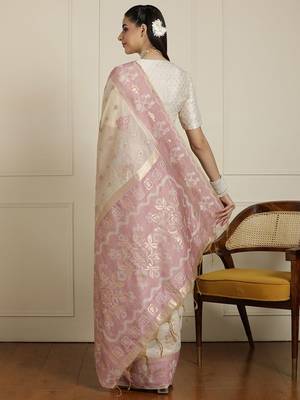 Cream woven design ethnic motif chanderi saree with blouse piece 3
