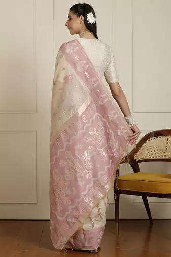 Cream woven design ethnic motif chanderi saree with blouse piece