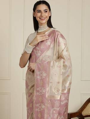 Cream woven design ethnic motif chanderi saree with blouse piece 4