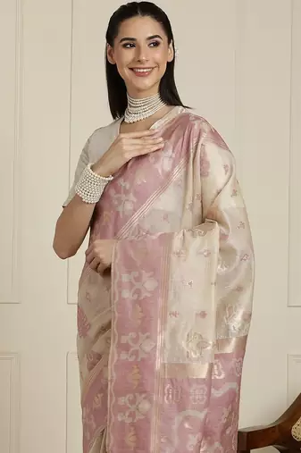 Cream woven design ethnic motif chanderi saree with blouse piece