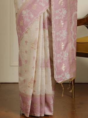 Cream woven design ethnic motif chanderi saree with blouse piece 5