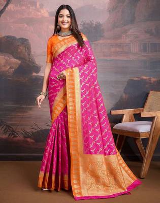 Orange ethnic motifs woven design saree 1