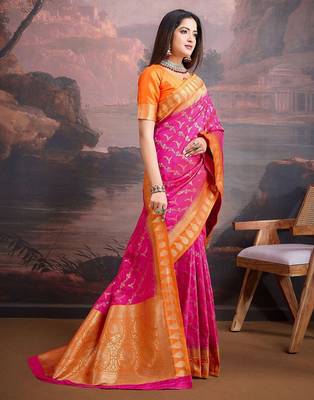Orange ethnic motifs woven design saree 2