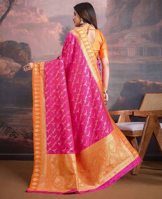 Orange ethnic motifs woven design saree 4