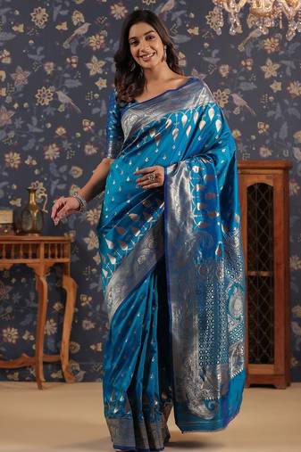 Turquoise ethnic woven design banarasi saree