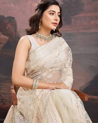 Beige floral embroidered saree with blouse piece 1