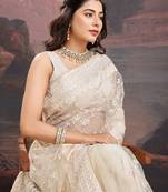 Beige floral embroidered saree with blouse piece