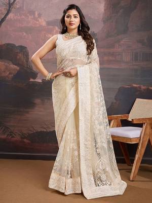 Beige floral embroidered saree with blouse piece 2