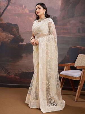 Beige floral embroidered saree with blouse piece 3