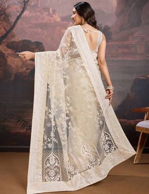 Beige floral embroidered saree with blouse piece 4