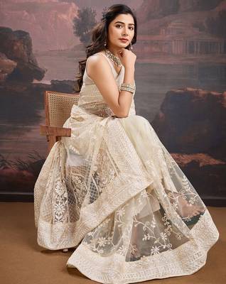 Beige floral embroidered saree with blouse piece 5