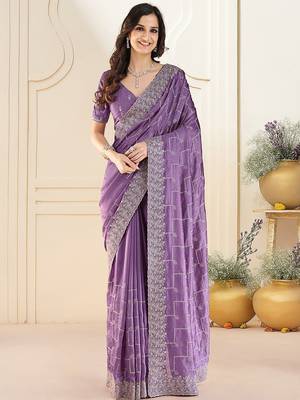 Lavender embellished beads and stones saree with blouse piece 1