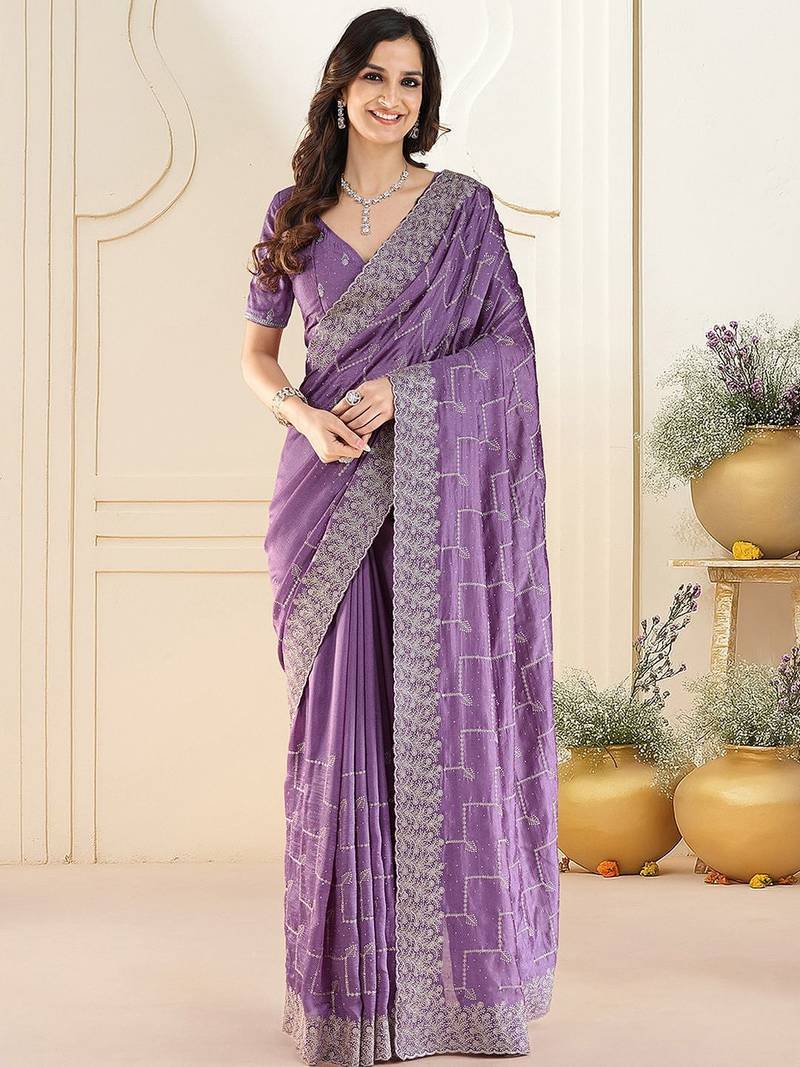 Lavender embellished beads and stones saree with blouse piece