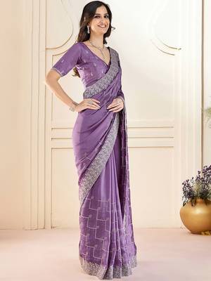 Lavender embellished beads and stones saree with blouse piece 2