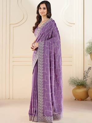 Lavender embellished beads and stones saree with blouse piece 3