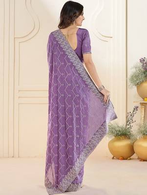 Lavender embellished beads and stones saree with blouse piece 4