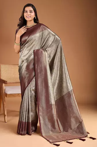 Grey floral zari woven design tassels saree with blouse piece