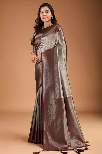 Grey floral zari woven design tassels saree with blouse piece