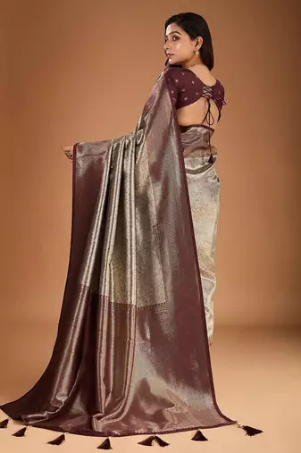 Grey floral zari woven design tassels saree with blouse piece