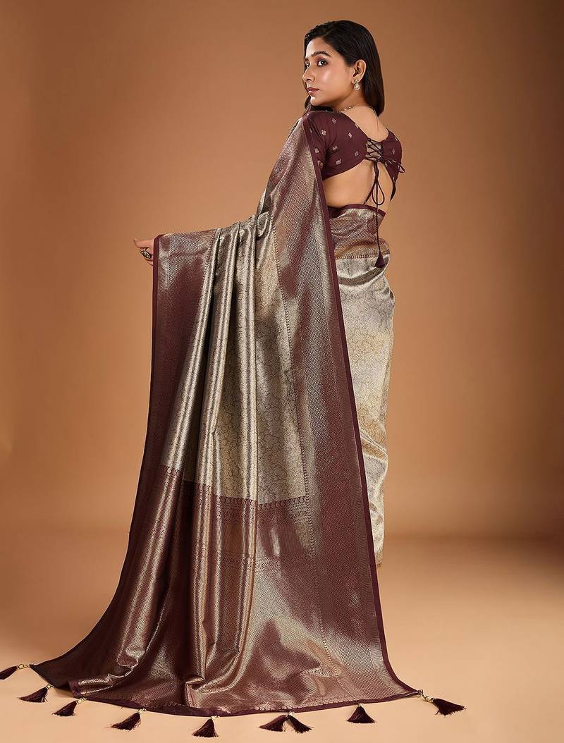 Grey floral zari woven design tassels saree with blouse piece