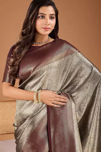 Grey floral zari woven design tassels saree with blouse piece