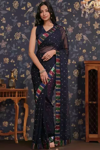 Navy blue sequin embellished geaorgette party wear saree