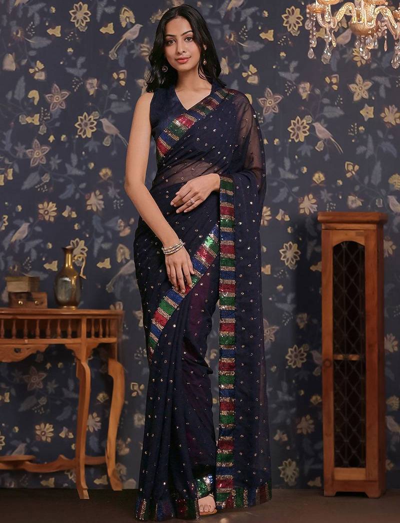 Navy blue sequin embellished geaorgette party wear saree