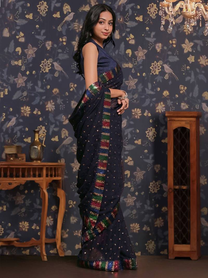 Navy blue sequin embellished geaorgette party wear saree