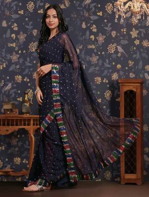 Navy blue sequin embellished geaorgette party wear saree 4